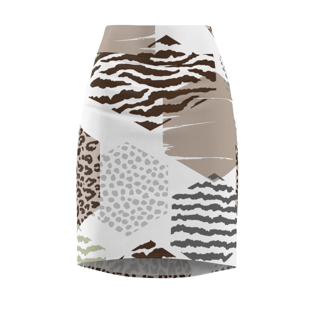 A stylish women's pencil skirt featuring a high waist and multicolor geometric pattern, perfect for various occasions.