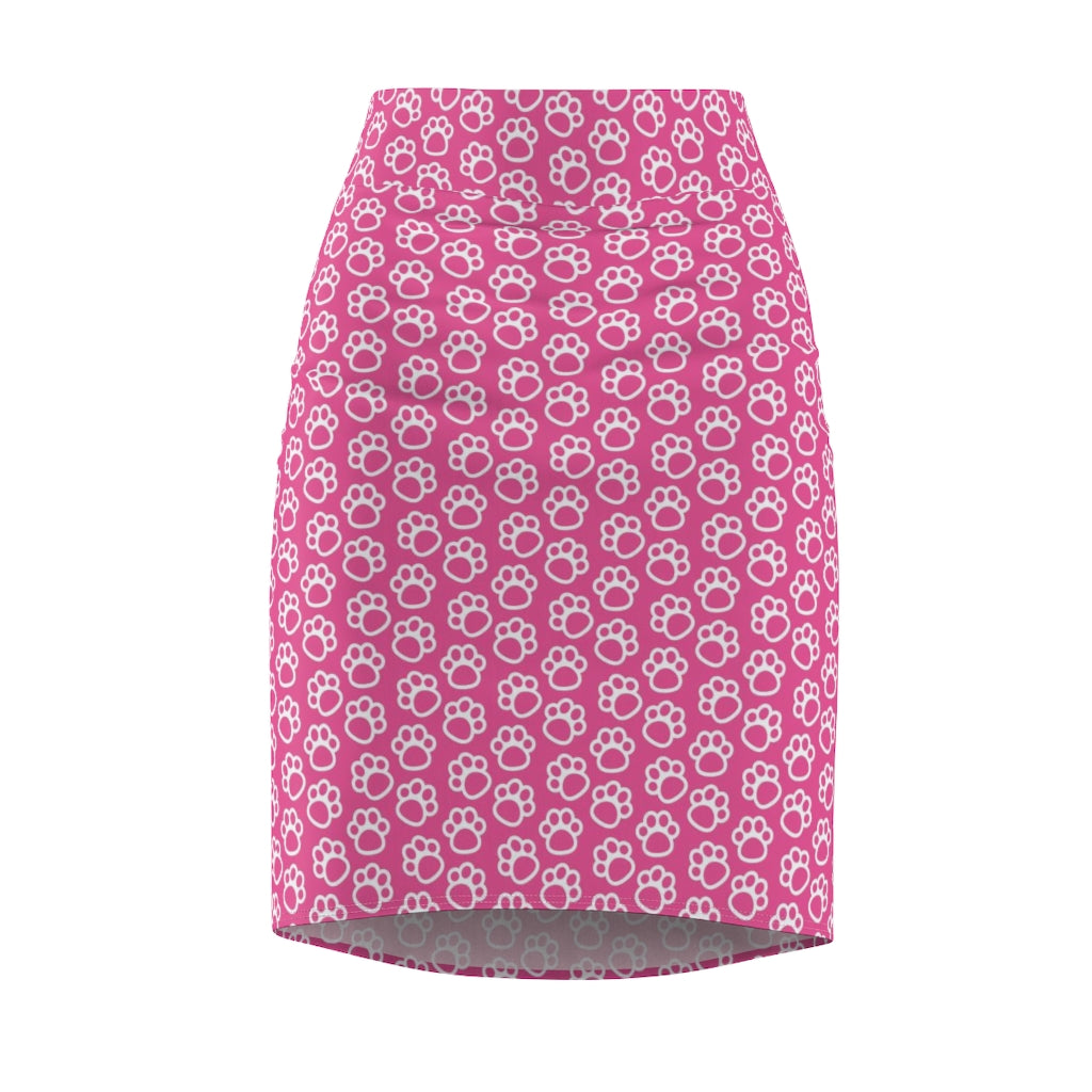Women's Pencil Skirt featuring a playful Pink and White Paws design, showcasing its stylish and stretchy fabric.