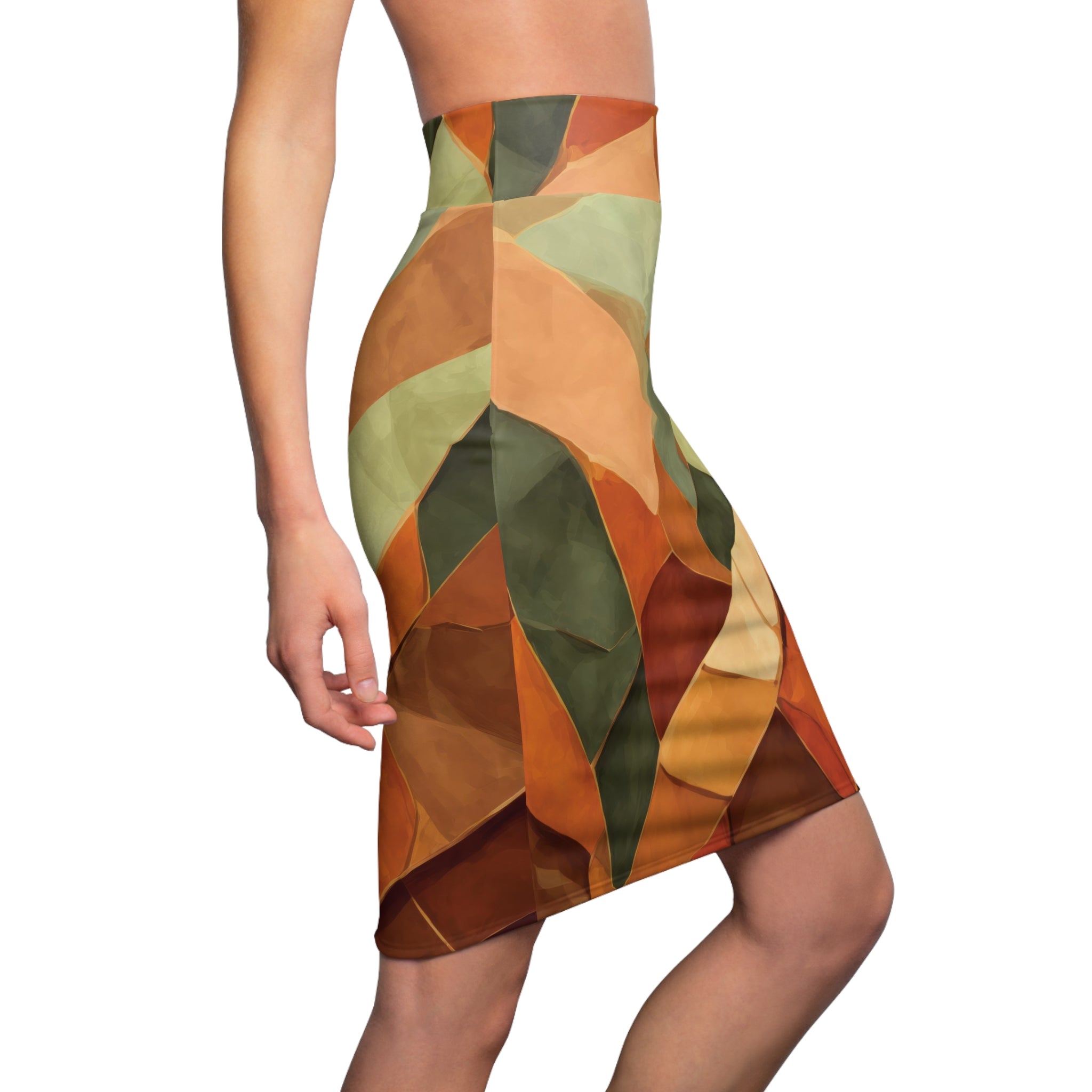 Womens Pencil Skirt featuring a Rustic Red Amber Peach Olive Green geometric design, showcasing a flattering mid-waist fit and stylish silhouette.
