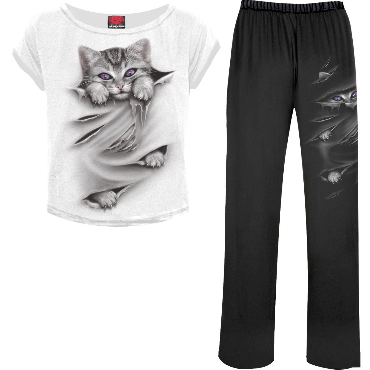 Cat-themed t-shirt and pants.