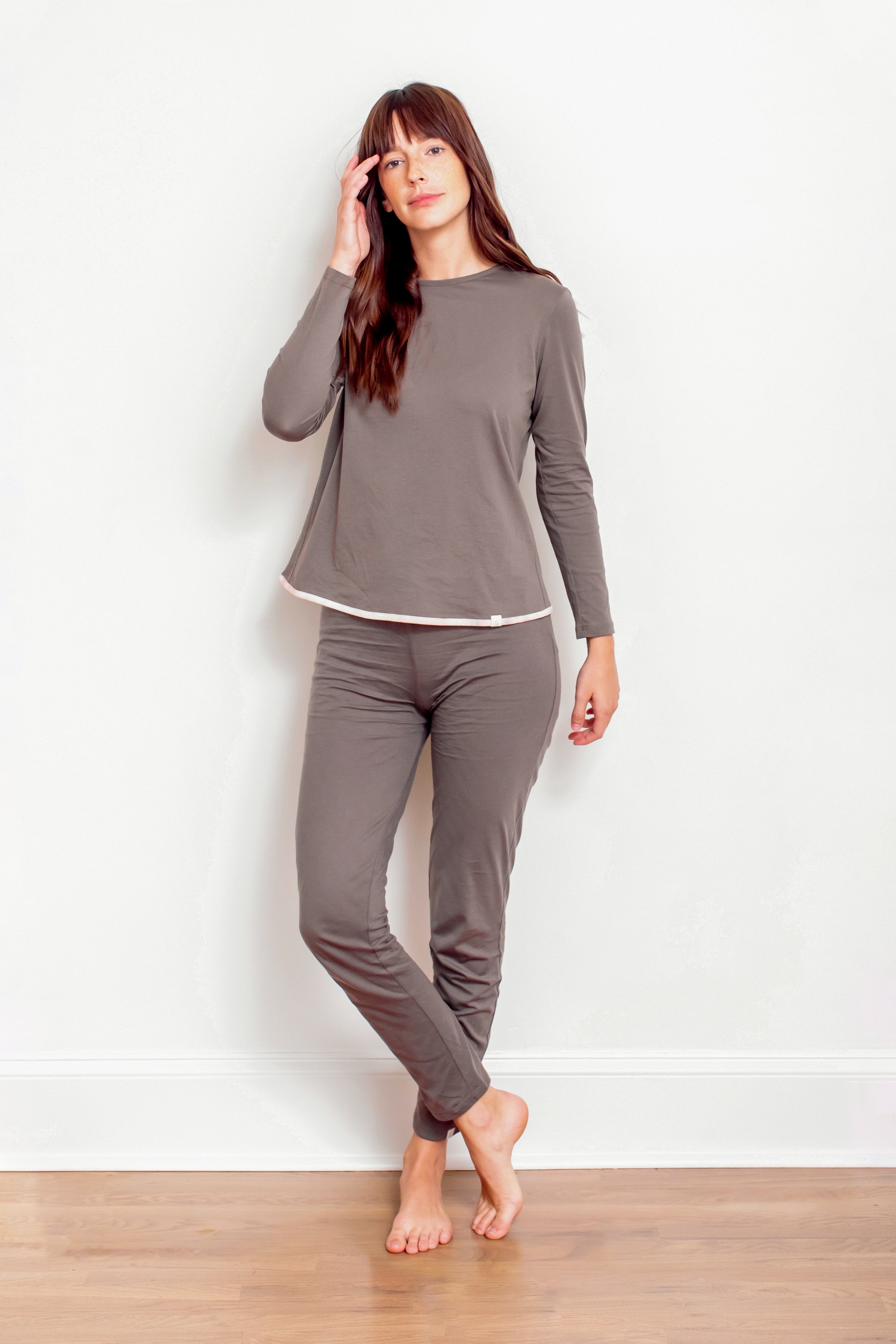 PIMA Long Sleeve Pants Set featuring a long sleeve shirt and pajama pants made from GOTS Certified Organic Peruvian Cotton, displayed on a neutral background.