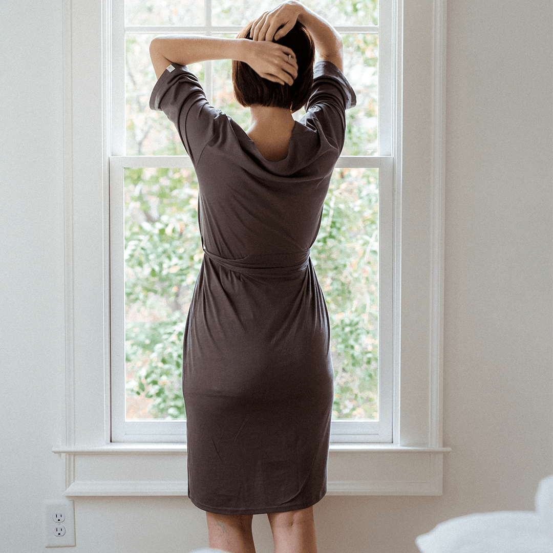 PIMA Short Robe made from soft, organic cotton, showcasing its elegant design and comfortable fit.