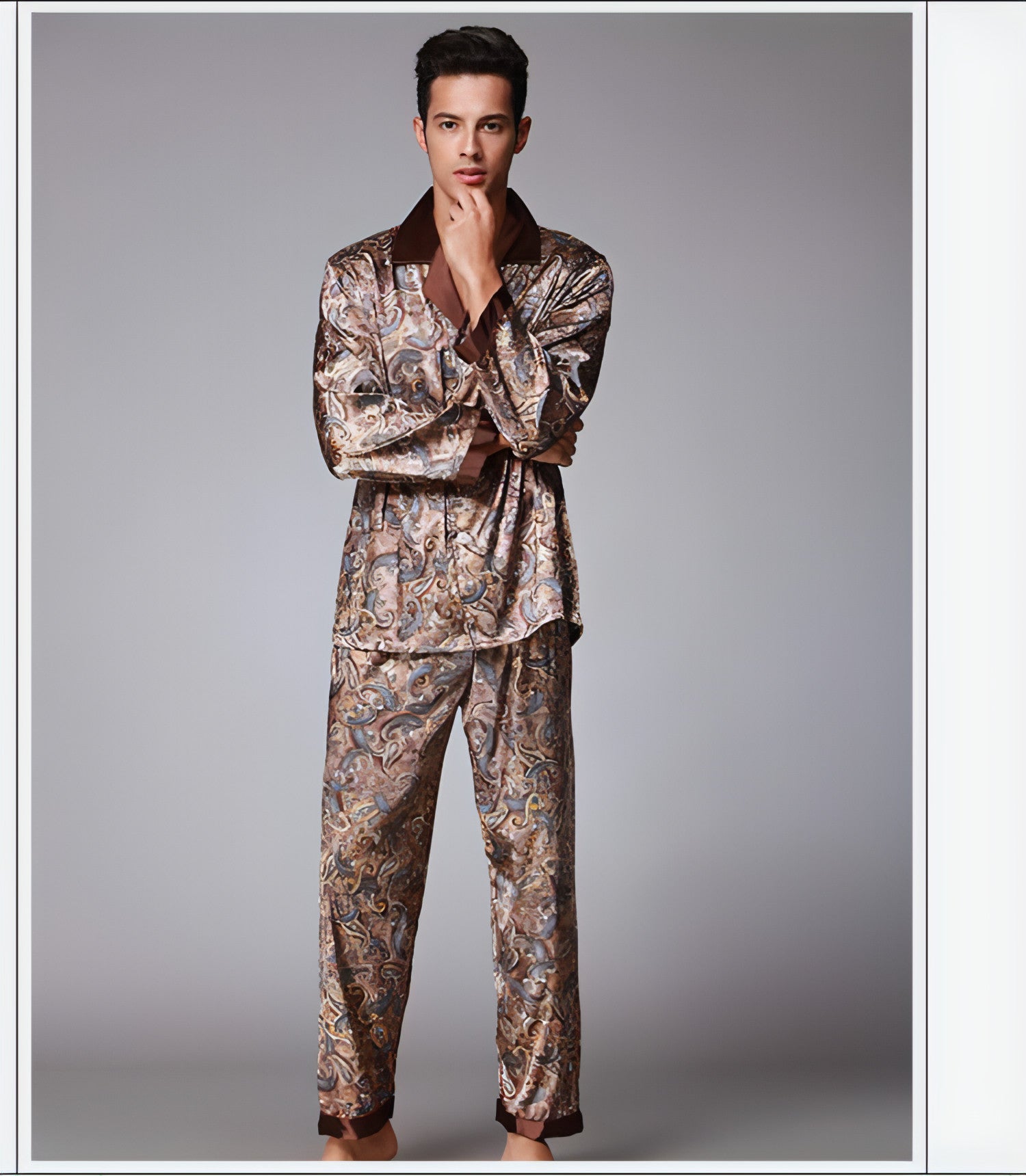Luxurious silk pajamas set featuring elegant design and soft texture, perfect for comfort and style.