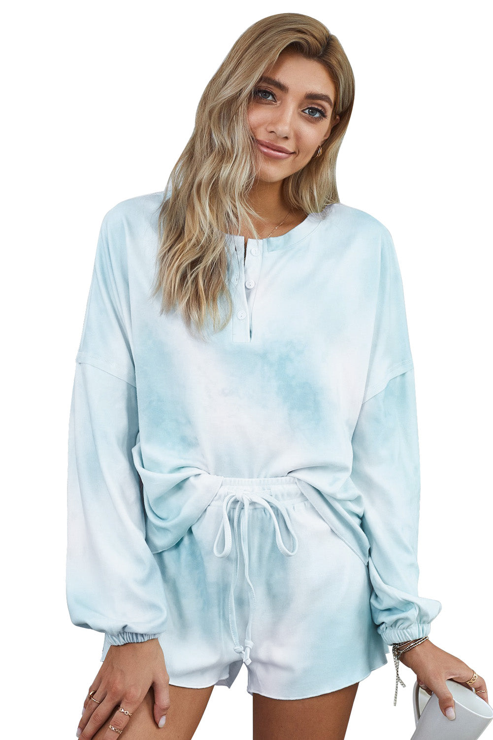 Sky Blue Tie Dye Knit Pajamas Set featuring a long sleeve top and shorts with a chic tie dye pattern and ruffle hemline.