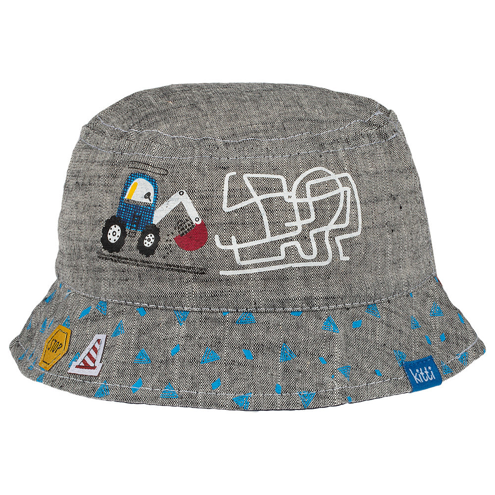 Infant boy bucket hat featuring Backhoe Loader embroidery, made from soft cotton and polyester blend, suitable for ages 0-18 months.