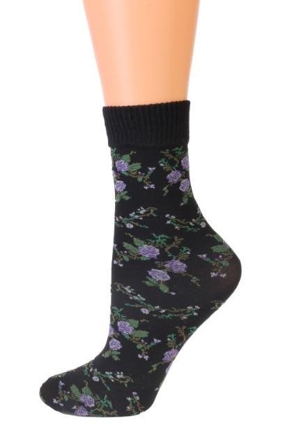 BARI 60DEN women's socks featuring a stylish lilac rose pattern on a black background, perfect for elegant everyday wear.