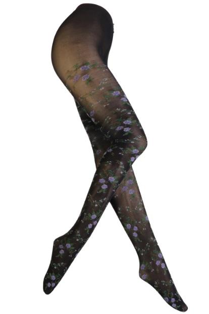 BARI 60DEN tights featuring a lilac rose floral pattern on a black background, showcasing elegance and style.
