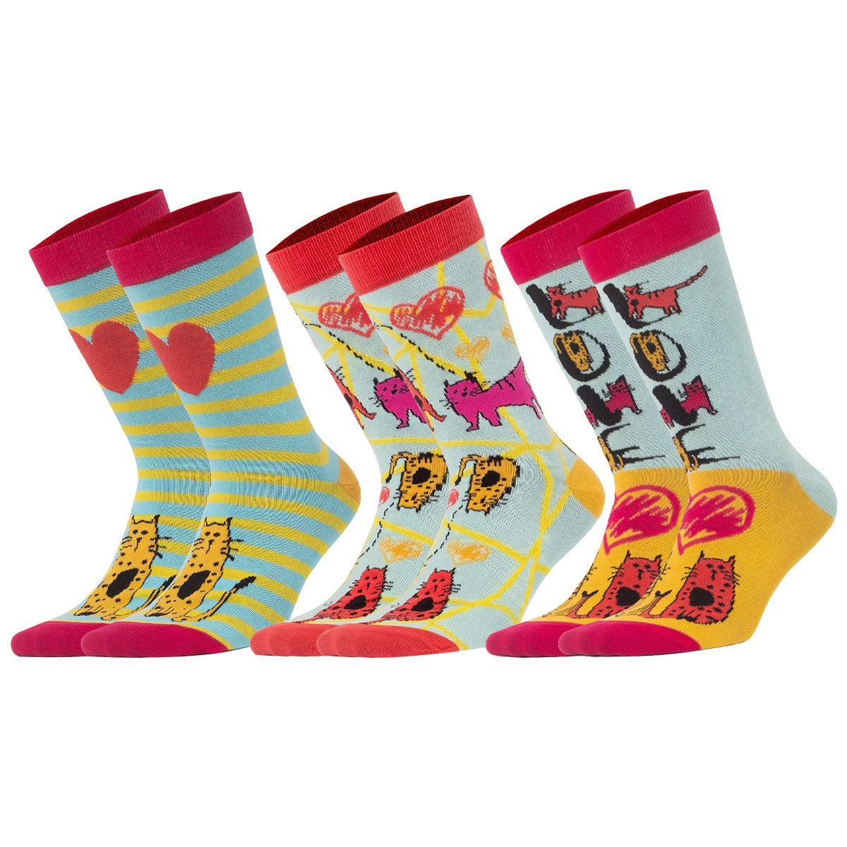 Biggdesign Cats Damen Socken Set in bunten Farben, 3 Paar, aus Baumwolle, Größe 36-40, ideal für jeden Anlass.