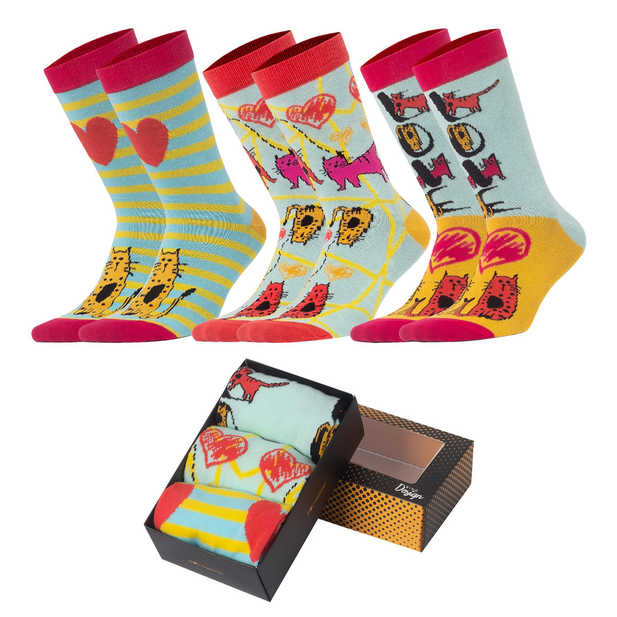 Biggdesign Cats Damen Socken Set in bunten Farben, 3 Paar, aus Baumwolle, Größe 36-40, ideal für jeden Anlass.