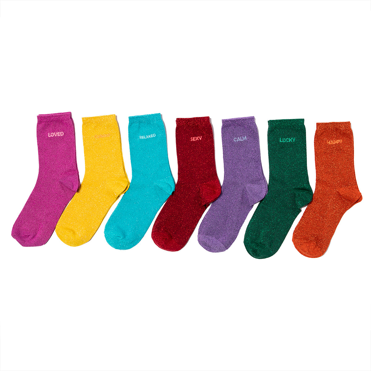 Biggdesign Moods Up 7-Paar Glitzer Socken Set für Damen in verschiedenen Farben und Mustern, ideal für jeden Anlass.
