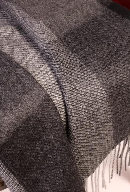 Luxurious black-gray checked alpaca wool small plaid throw, showcasing its soft texture and elegant design.