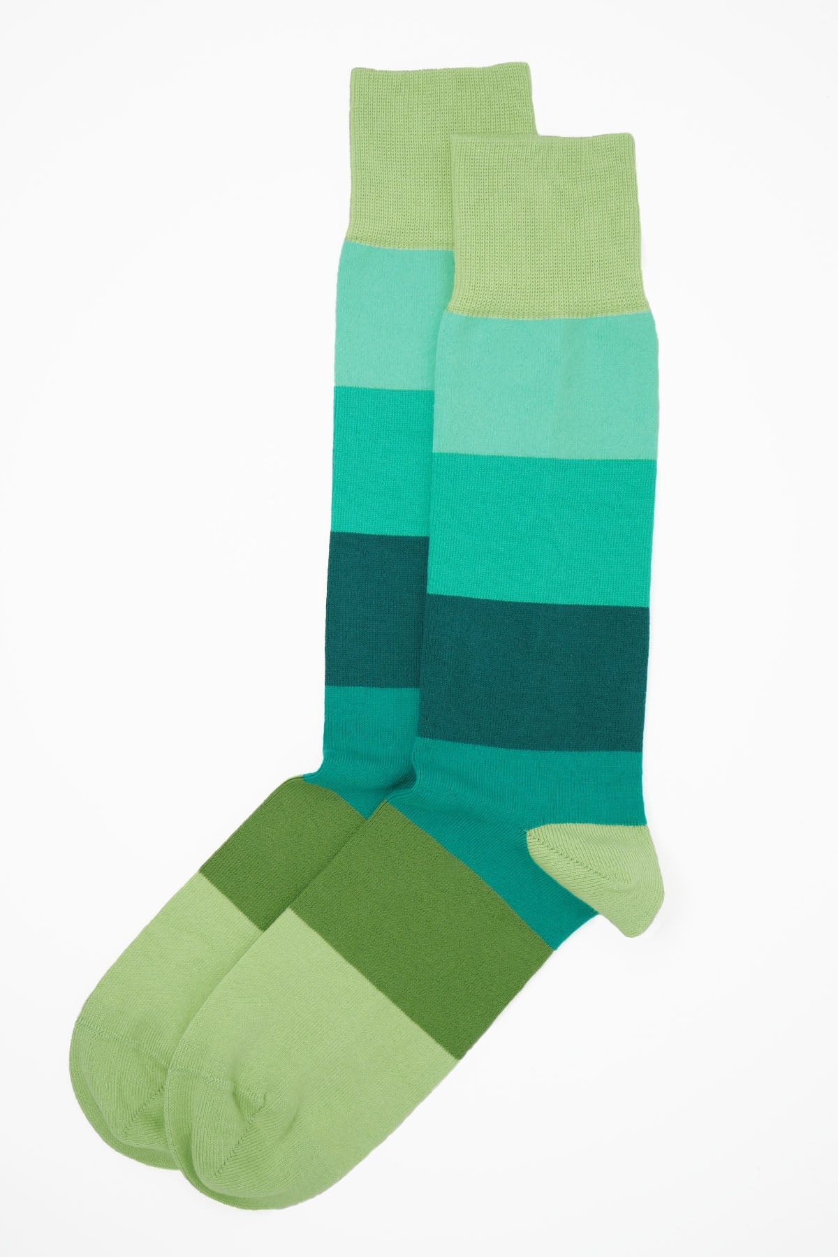 Block Stripe Men's Socks in Earth tones featuring various shades of green stripes, made from luxurious Supima cotton.