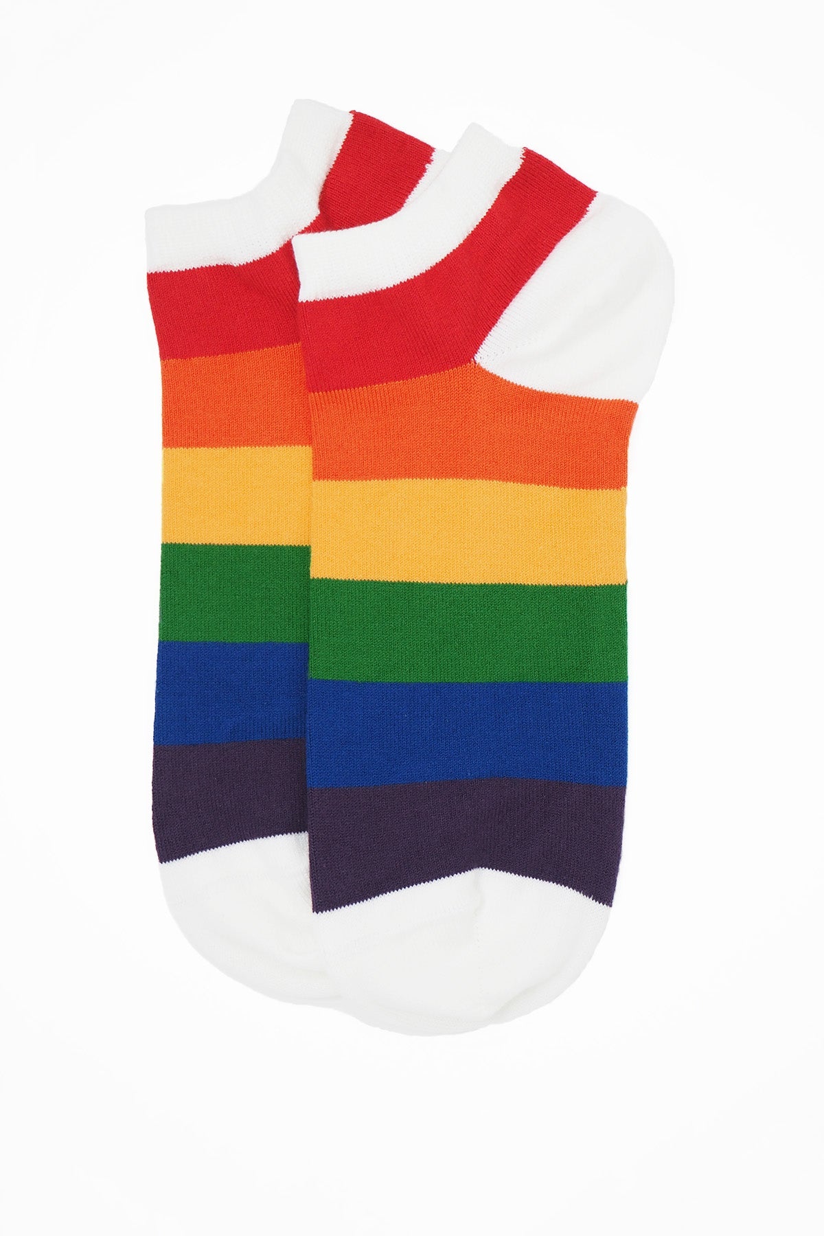 Colorful Block Stripe Men's Trainer Socks in Rainbow, showcasing vibrant stripes on a white background, perfect for summer outfits.