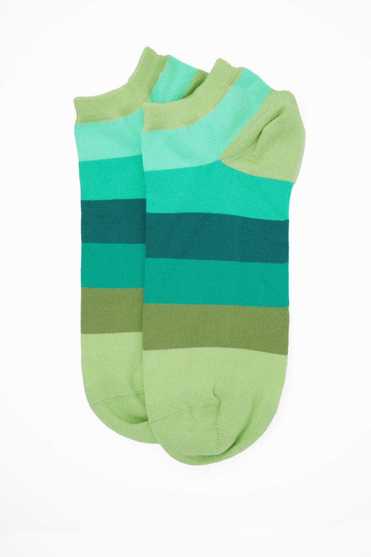 Earth Block Stripe women's trainer socks featuring vibrant green stripes, made from luxurious Supima cotton.