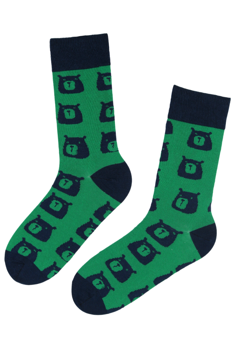BROWN BEAR green cotton socks featuring dark blue bear designs, perfect for men and women.