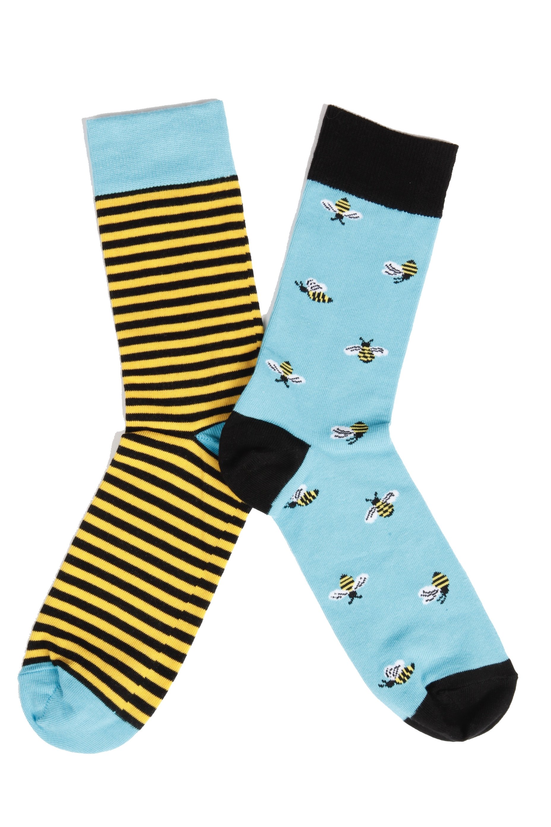 A pair of women's cotton socks featuring one striped sock and one with bees, in vibrant blue and yellow colors.