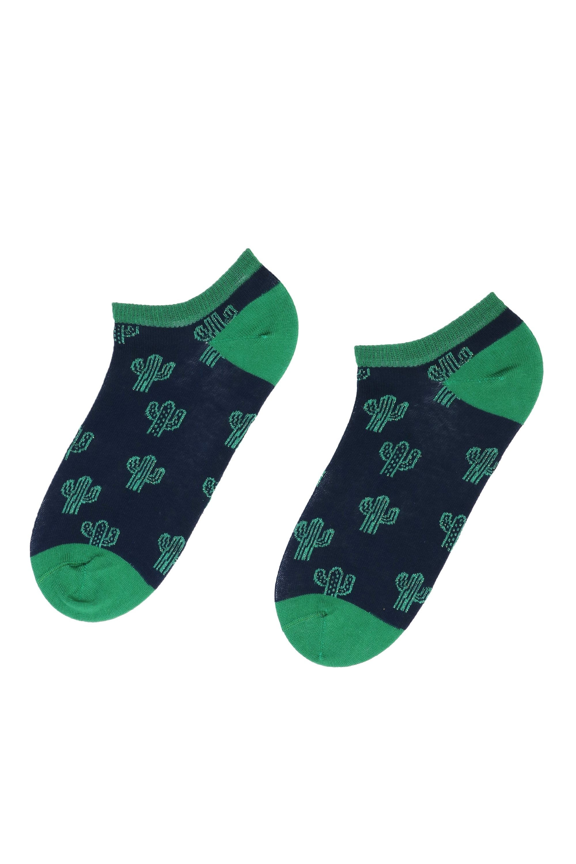 A pair of green low-cut cotton socks featuring a playful cactus design, suitable for both men and women.