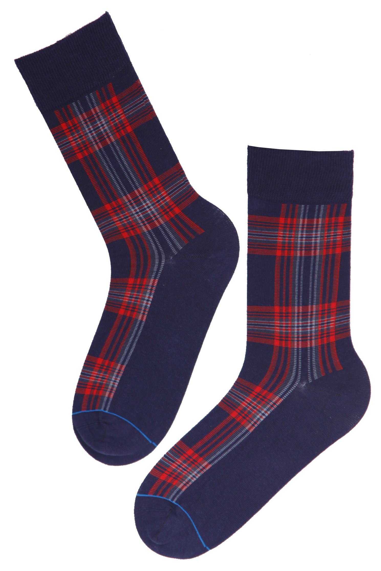 CARL men's socks featuring blue fabric with bold red stripes, perfect for stylish and formal wear.