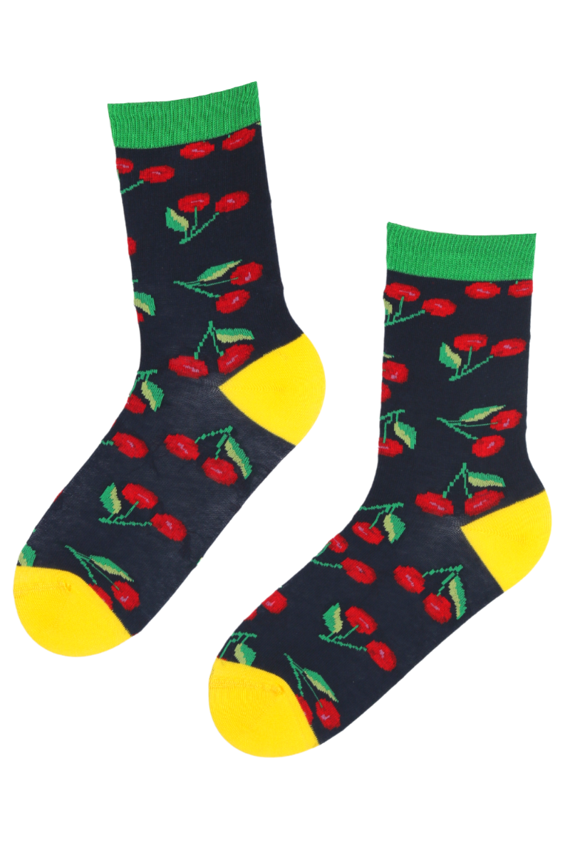A pair of CHER cotton socks featuring a vibrant cherry pattern on a blue background, suitable for both men and women.