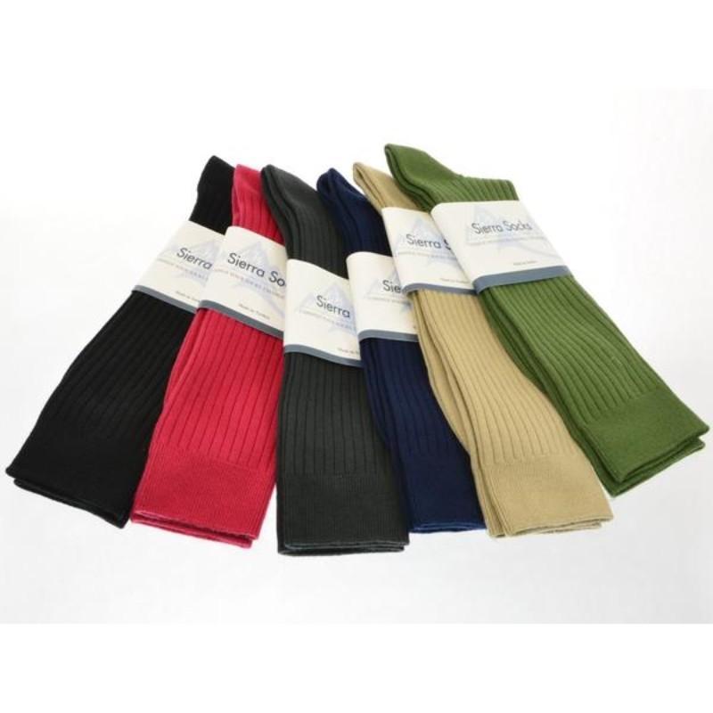 A pair of Classic Fine Ribbed Combed Cotton Crew Socks in vibrant colors, showcasing their mid-calf length and smooth toe seaming for comfort.
