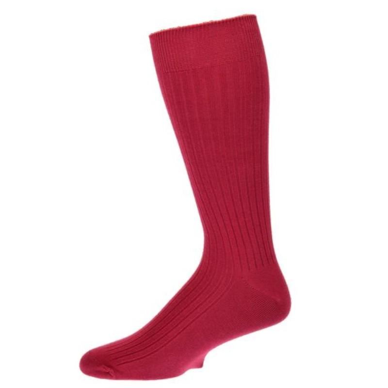 A pair of Classic Fine Ribbed Combed Cotton Crew Socks in vibrant colors, showcasing their mid-calf length and smooth toe seaming for comfort.