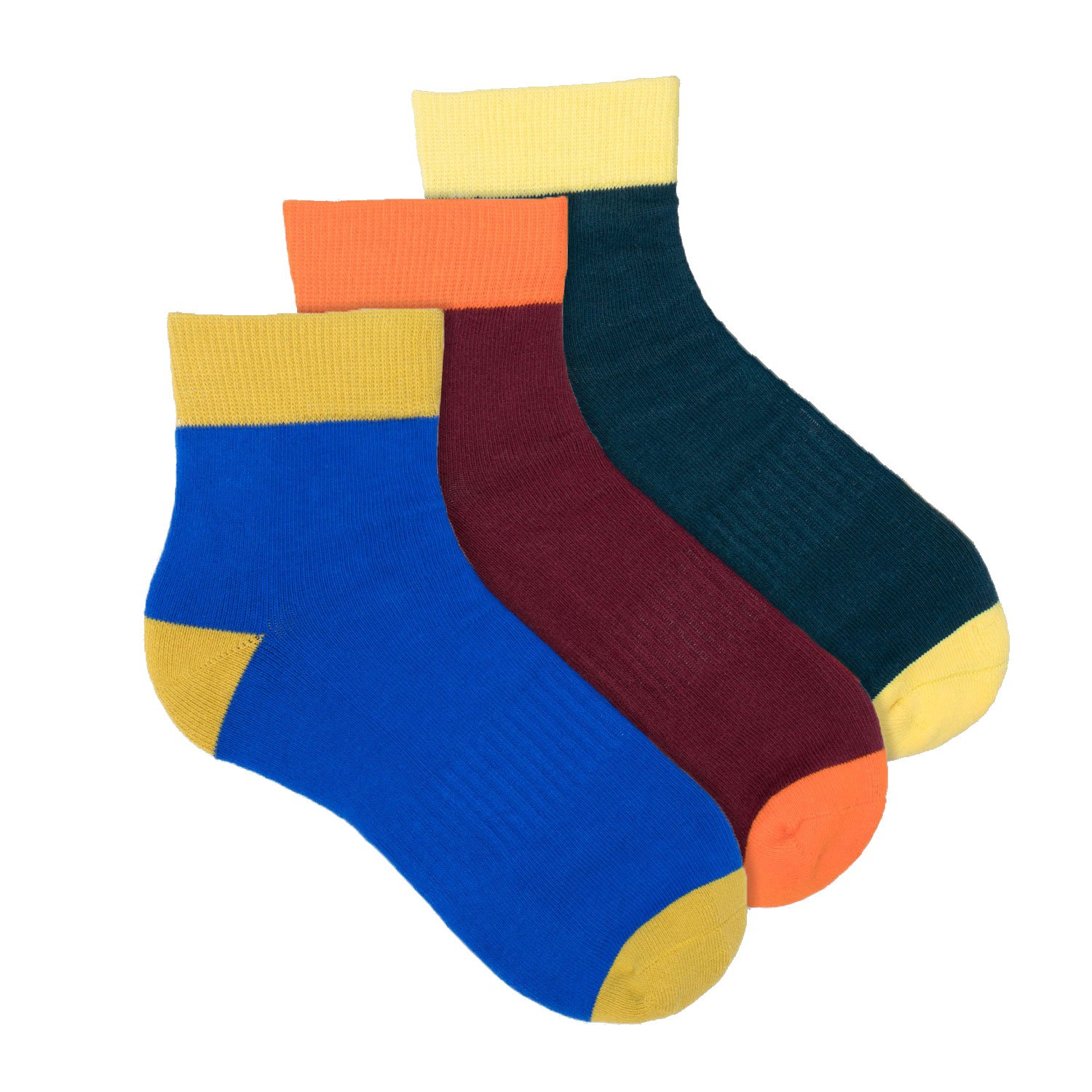 Colorblock Quarter Performance Sock - 3 Pack featuring burgundy, teal, and blue colors with cushioned heel and toe for comfort.
