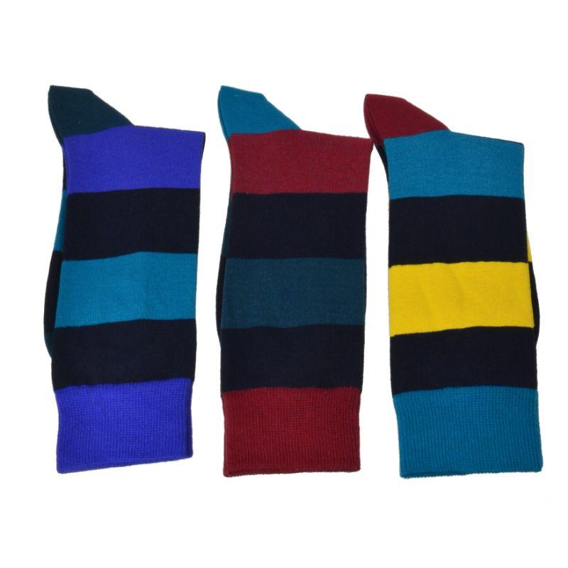 Three pairs of colorful rugby striped patterned men's socks made from combed cotton, featuring seamless toe design and comfortable fit.