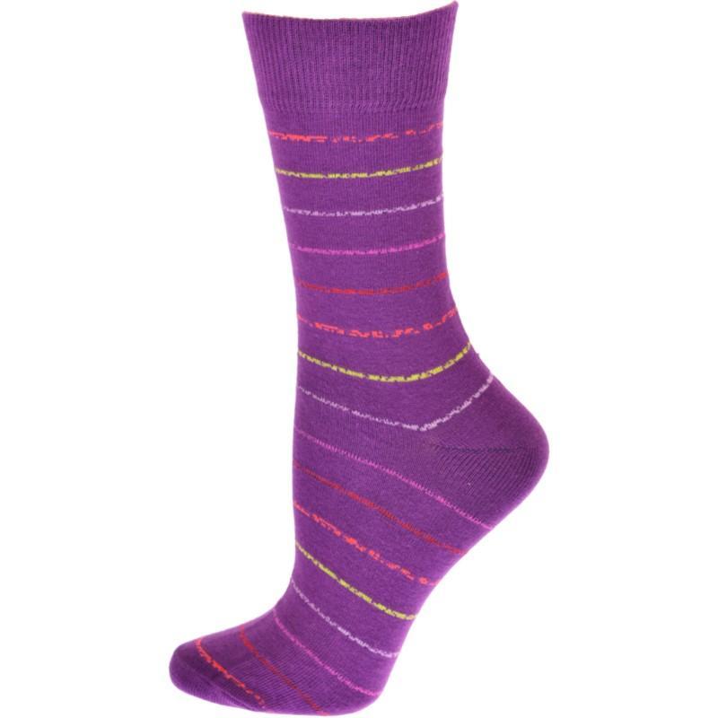 A pair of vibrant colorful striped women's crew socks made from a soft cotton blend, showcasing a variety of fun colors and a seamless toe design.
