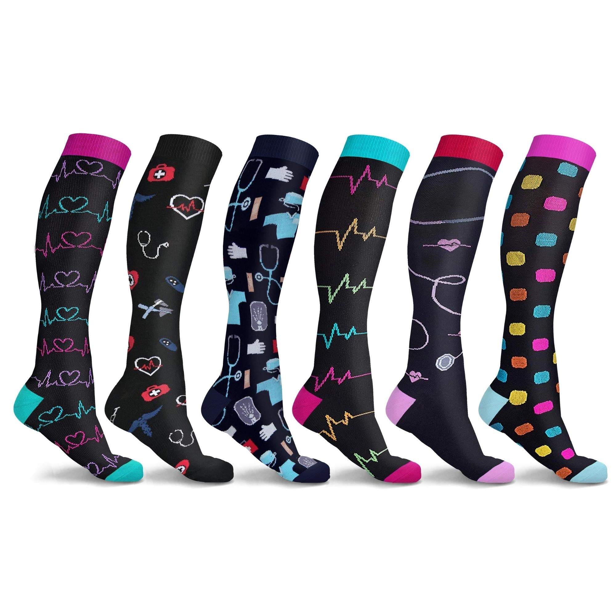 A collection of knee-high compression socks in various colors, showcasing their comfortable and supportive design.
