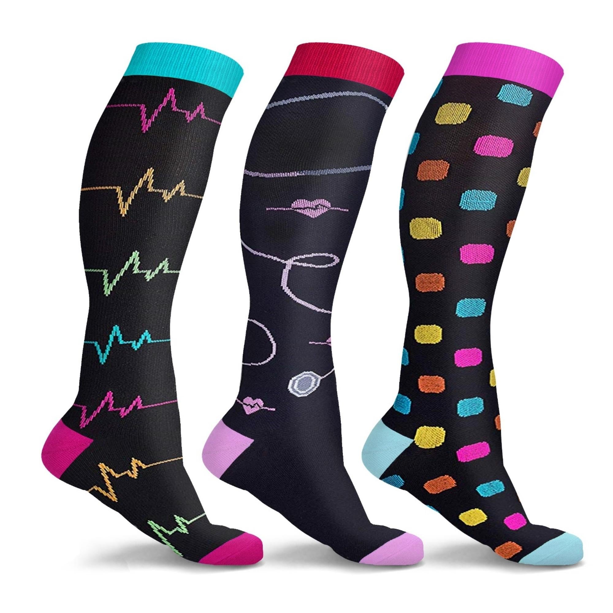 A collection of knee-high compression socks in various colors, showcasing their comfortable and supportive design.
