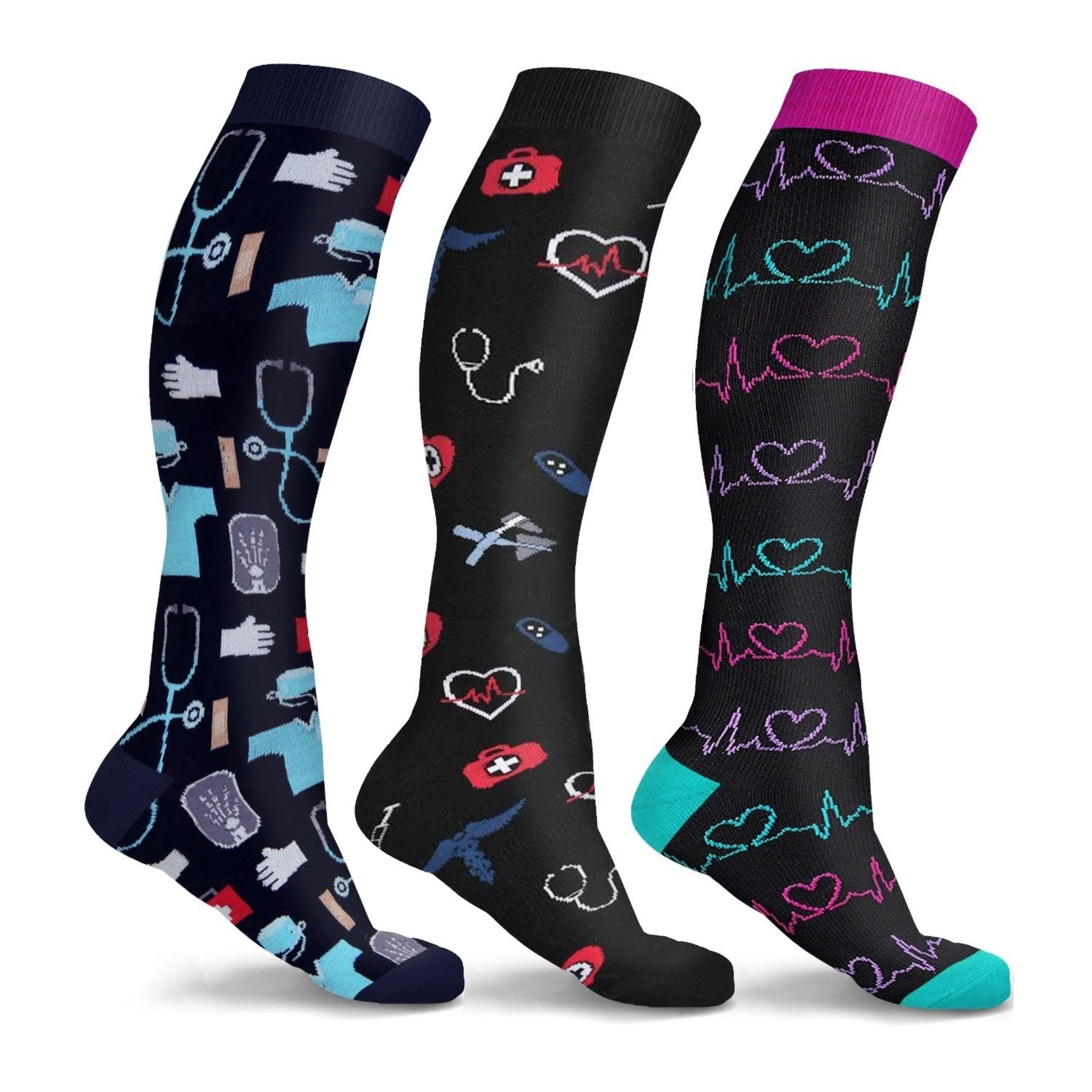 A collection of knee-high compression socks in various colors, showcasing their comfortable and supportive design.
