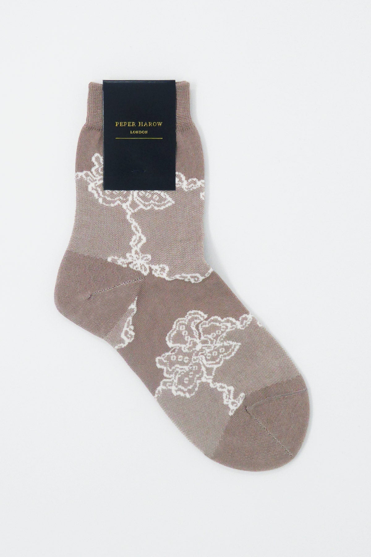 Delicate Women's Socks in mink color with white lace floral pattern, showcasing elegance and comfort.