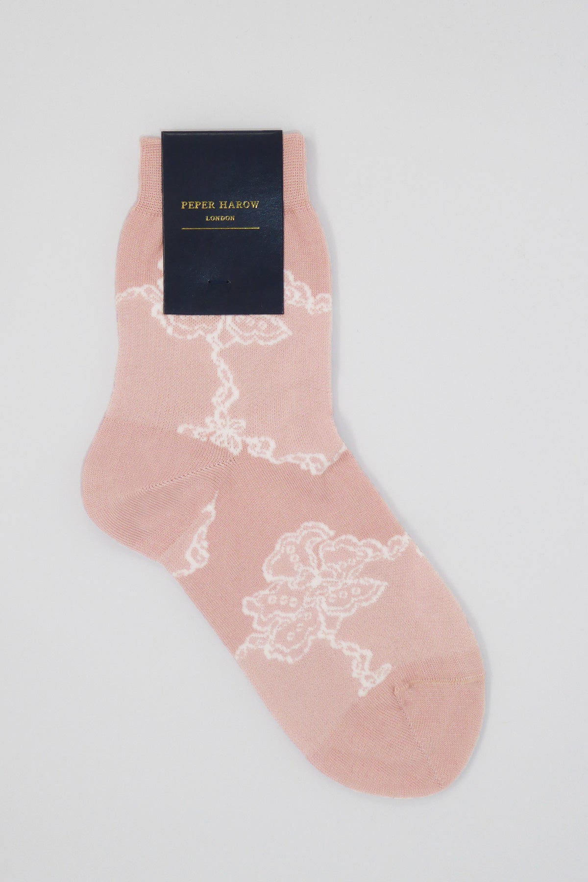 Delicate women's socks in soft pink with a white lace floral pattern, perfect for summer outfits.