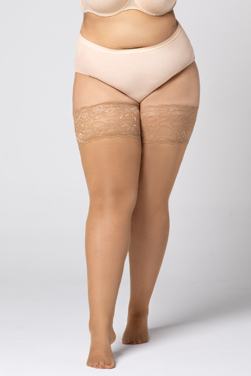DIVINE 30DEN plus size beige stockings for women with elegant lace trim and silicone edge, showcasing their soft texture and stylish design.