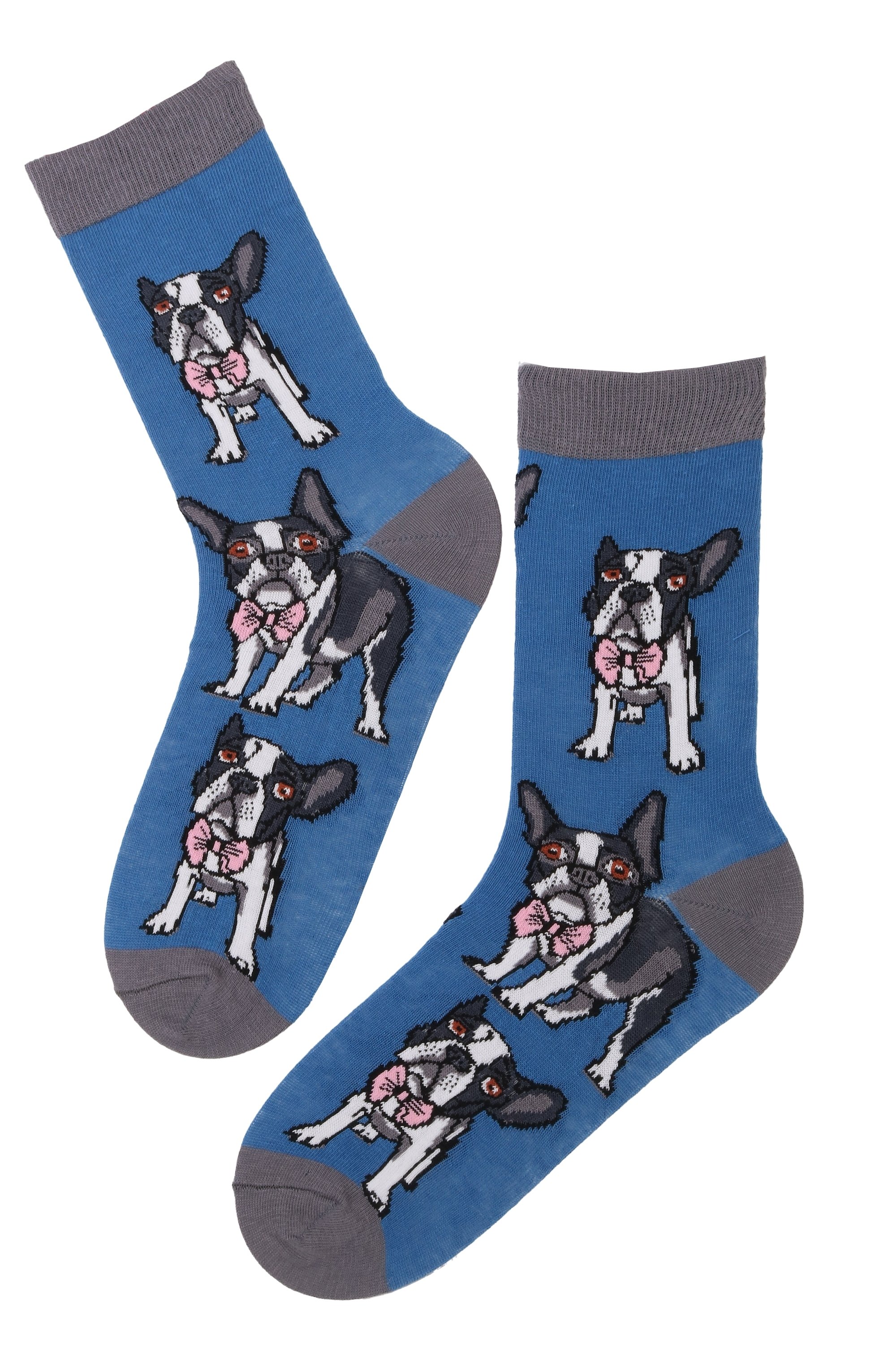 A pair of blue cotton socks featuring cute French bulldogs, perfect for men and women.