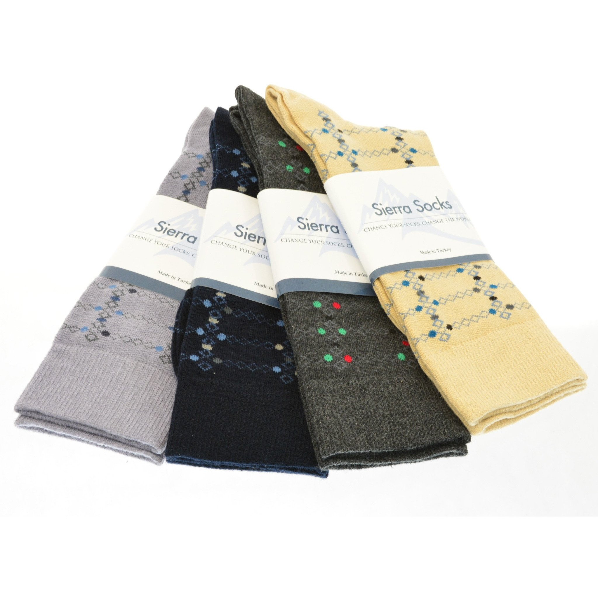 Dress Casual Geometric Pattern Crew socks featuring vibrant geometric designs in various colors, perfect for casual wear.