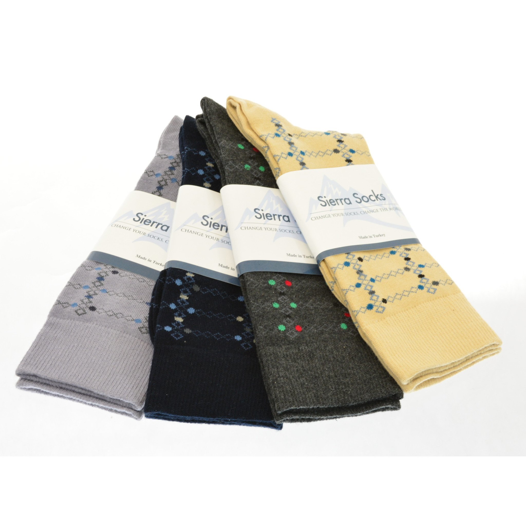 Dress Casual Geometric Pattern Crew socks featuring vibrant geometric designs in various colors, perfect for casual wear.