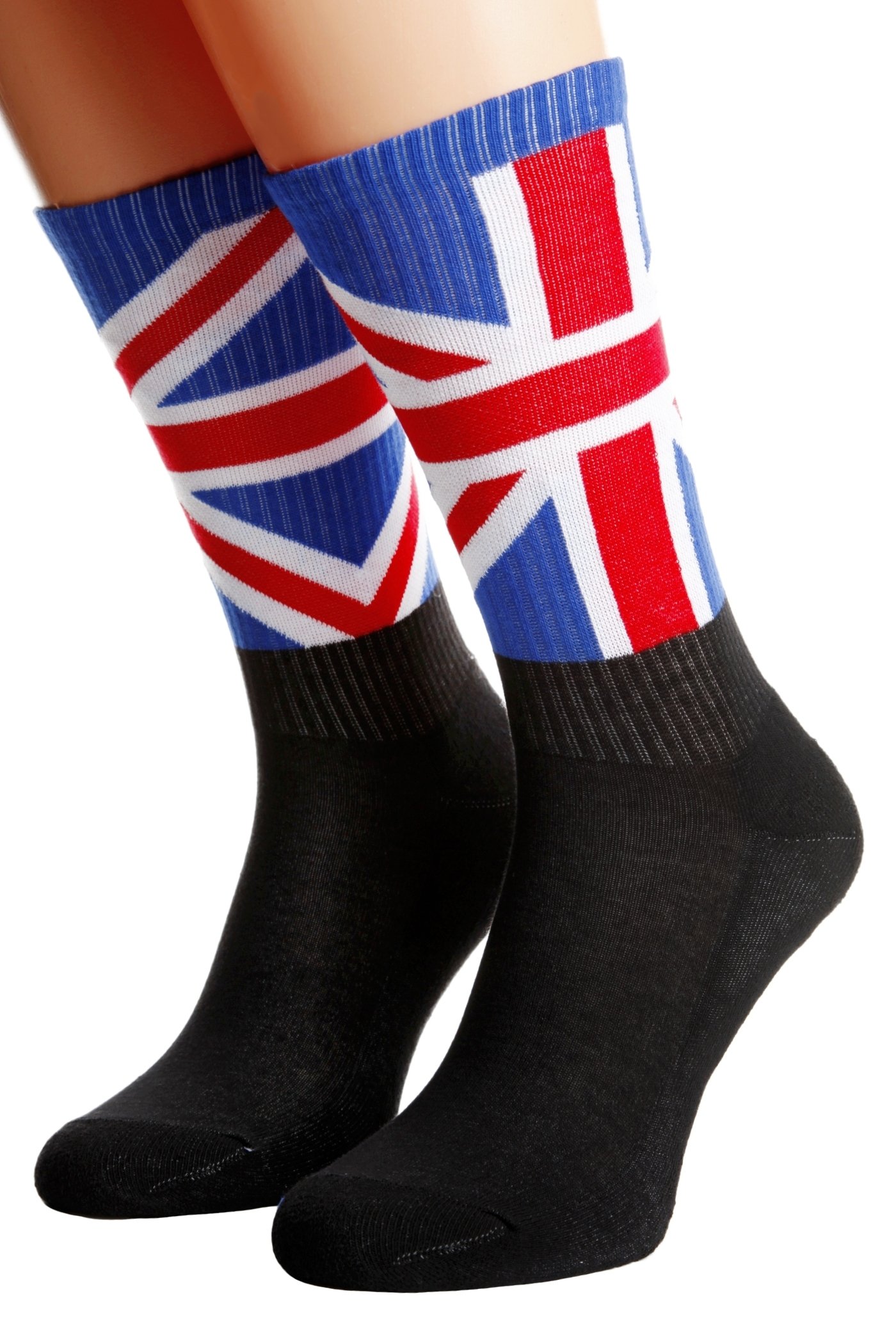 A pair of black cotton socks featuring the England flag design, with 'ENGLAND' printed on the sole, suitable for men and women.