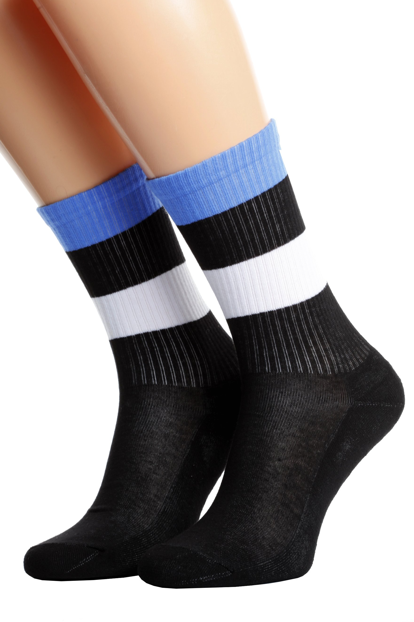 A pair of Estonia flag socks featuring a black base with the Estonian flag design and 'ESTONIA' written on the sole.