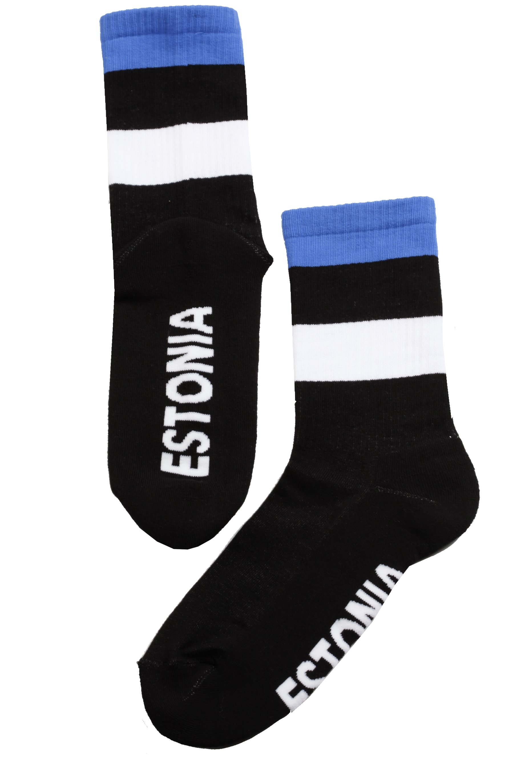 A pair of Estonia flag socks featuring a black base with the Estonian flag design and 'ESTONIA' written on the sole.