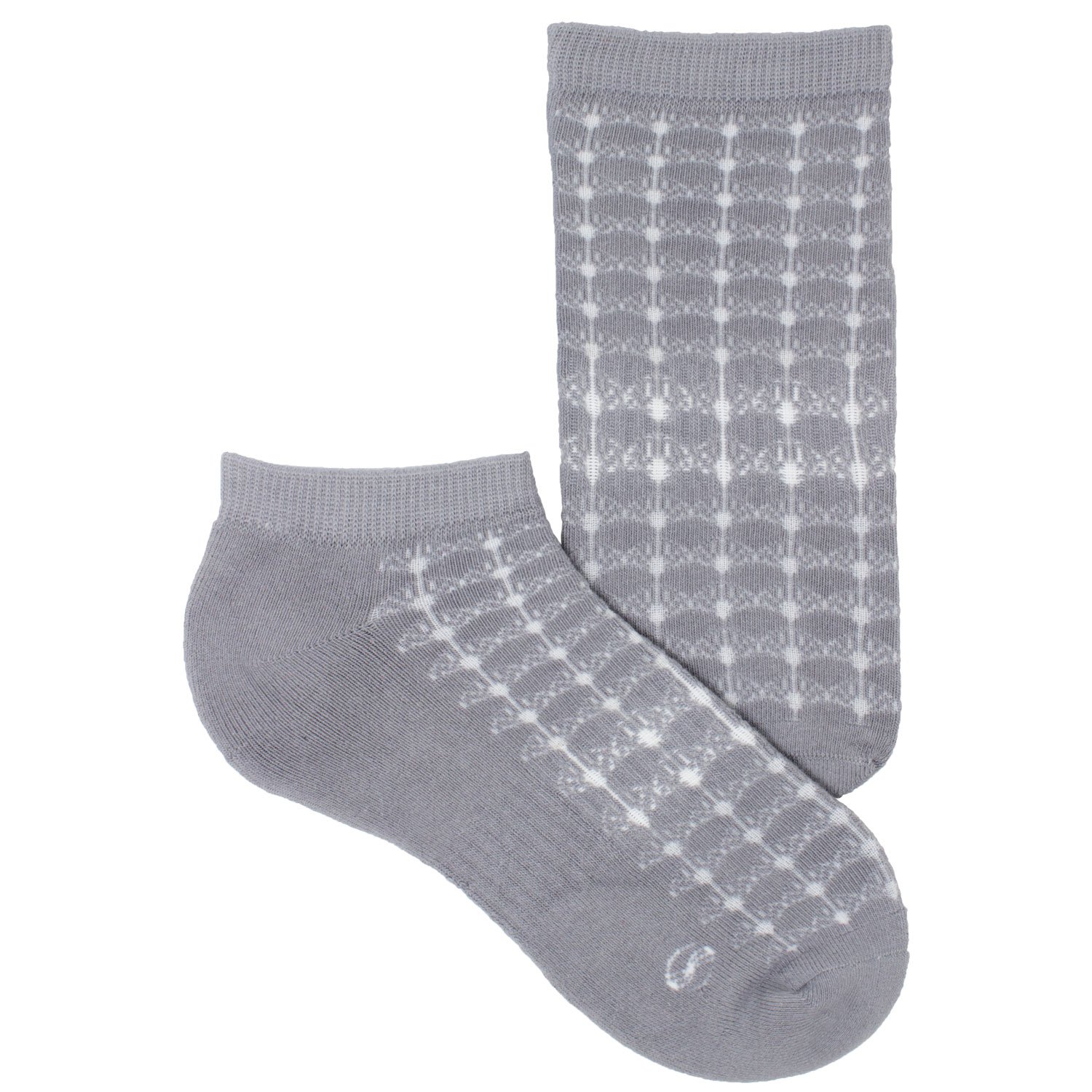 A pack of three Fan Pattern No Show Performance Socks featuring geometric designs in neutral colors, showcasing their cushioned heel and toe.