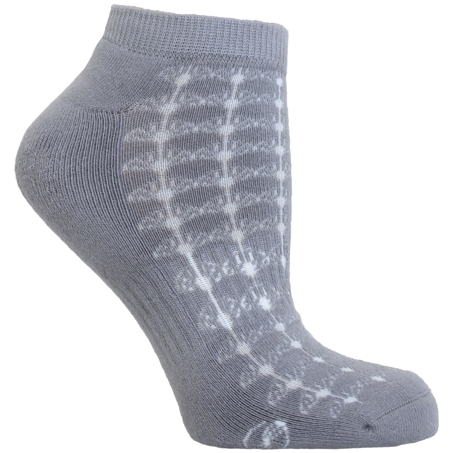 A pack of three Fan Pattern No Show Performance Socks featuring geometric designs in neutral colors, showcasing their cushioned heel and toe.