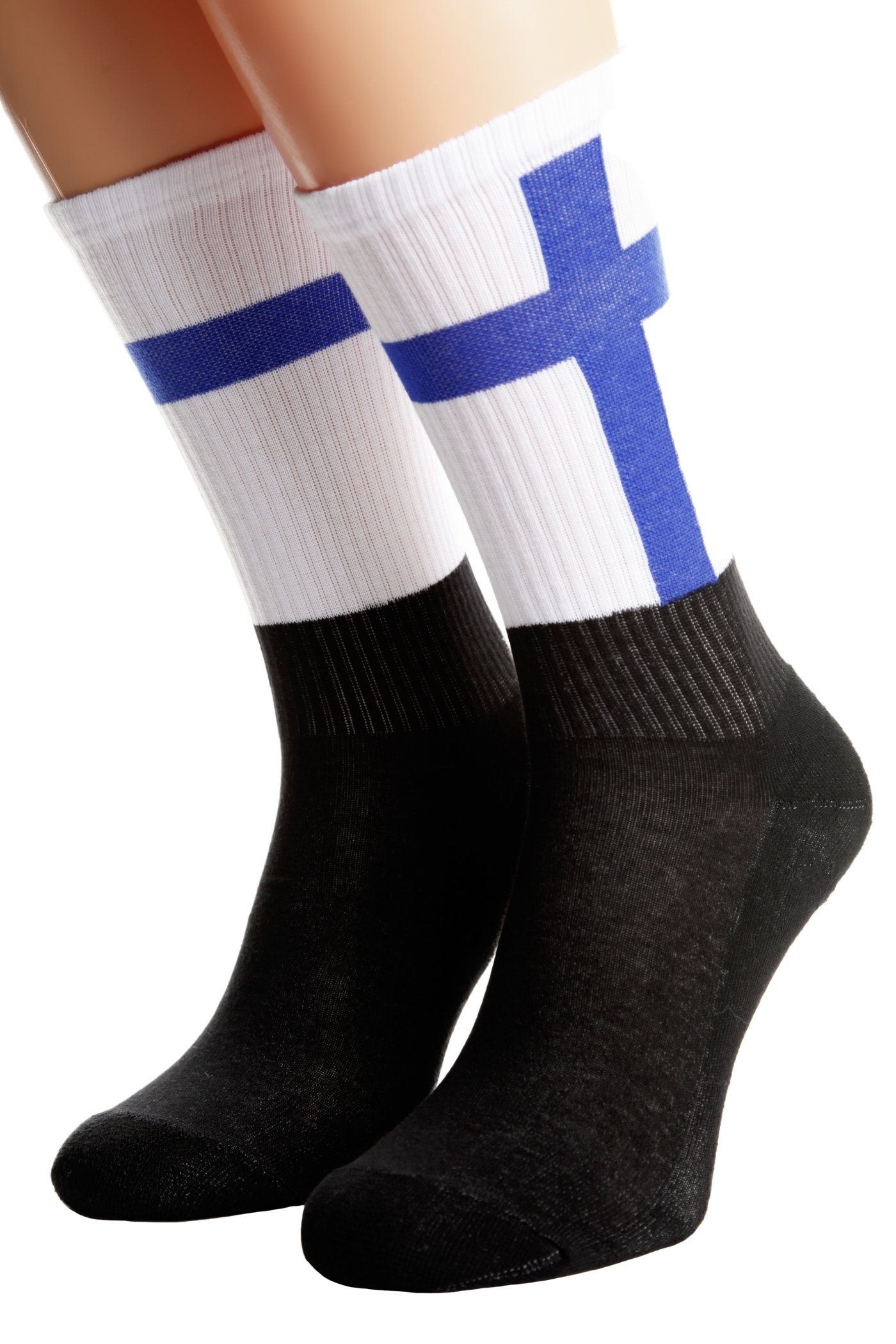 Black cotton socks featuring the Finland flag design and 'FINLAND' written on the sole, suitable for men and women.