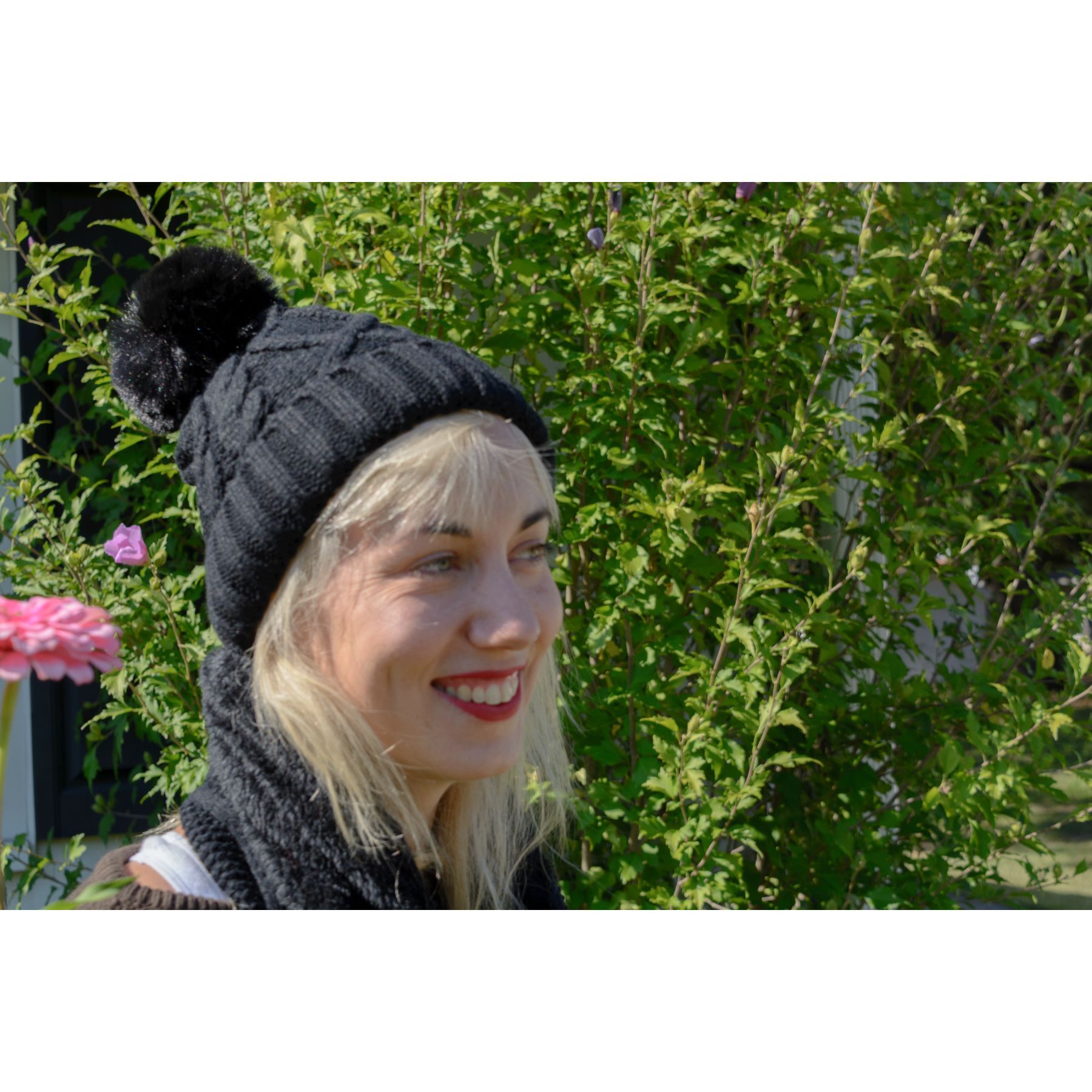 Fuzzy fur lined beanie with pom pom and matching scarf set in various colors, perfect for winter wear.