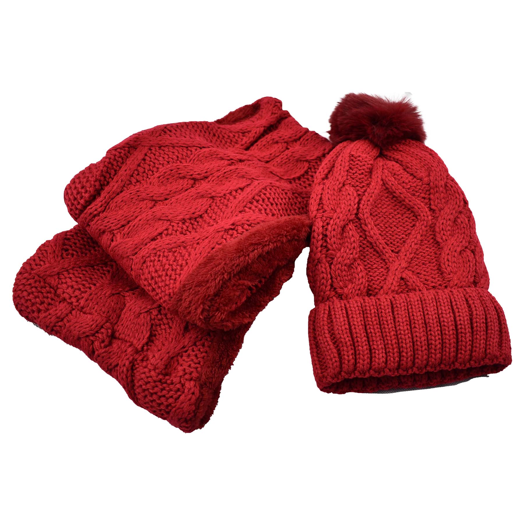Fuzzy fur lined beanie with pom pom and matching scarf set in various colors, perfect for winter wear.