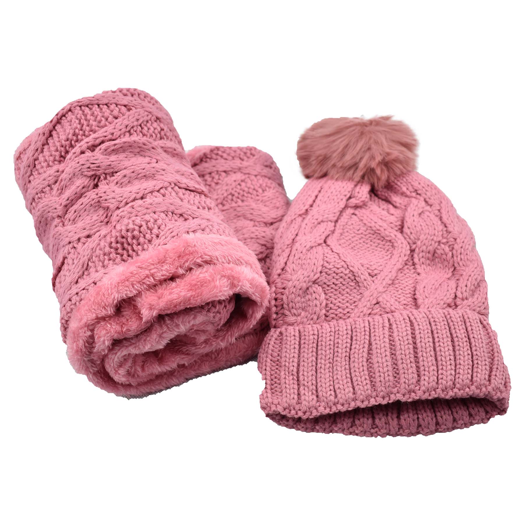 Fuzzy fur lined beanie with pom pom and matching scarf set in various colors, perfect for winter wear.