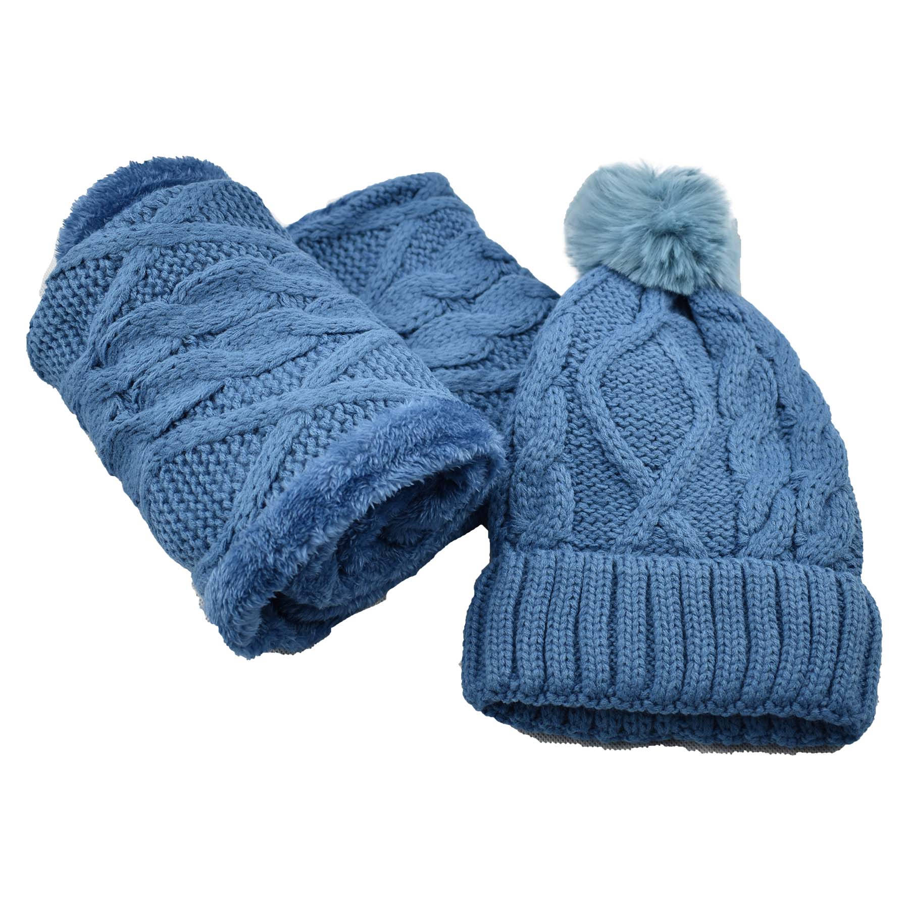 Fuzzy fur lined beanie with pom pom and matching scarf set in various colors, perfect for winter wear.