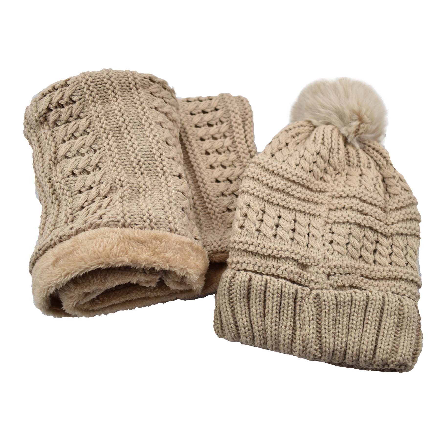 Fuzzy fur lined beanie with pom pom and matching scarf set in various colors, perfect for winter wear.