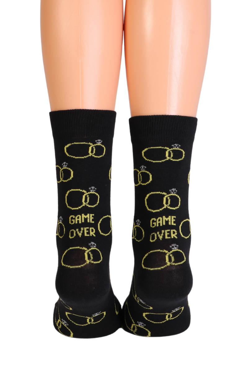 GAME OVER black socks featuring rings, designed for weddings and engagement parties, showcasing glittering text and stylish black design.