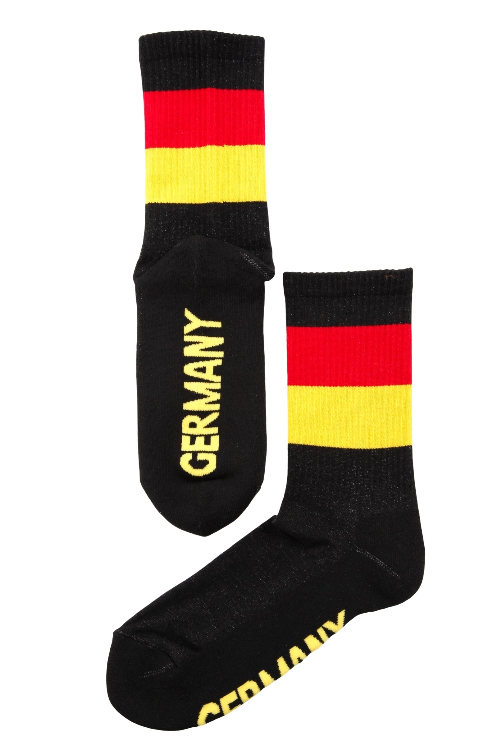 Comfortable black cotton socks featuring the Germany flag design and 'GERMANY' text on the sole, suitable for men and women.